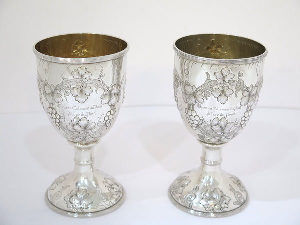 Pair of 6 in - Sterling Silver Gorham Antique c. 1914 Grapevine Motif Goblets