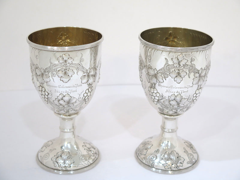 Pair of 6 in - Sterling Silver Gorham Antique c. 1914 Grapevine Motif Goblets