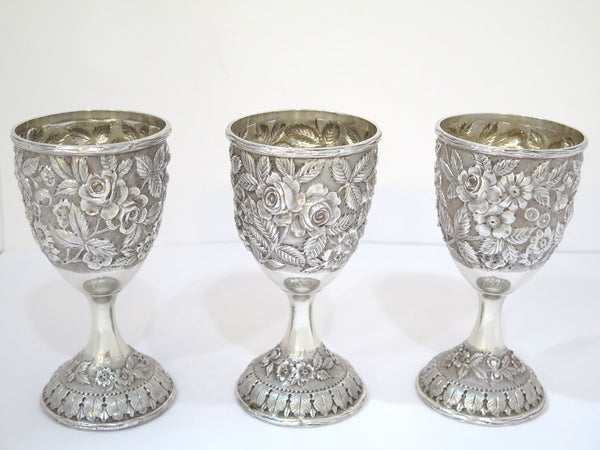 Set of Three 6 5/8 in Sterling Silver Schofield Antique Floral Repousse Goblets
