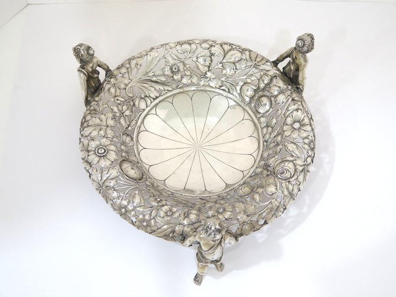 10 5/8" European Silver Antique Continental Cherub Figurines Floral Serving Bowl