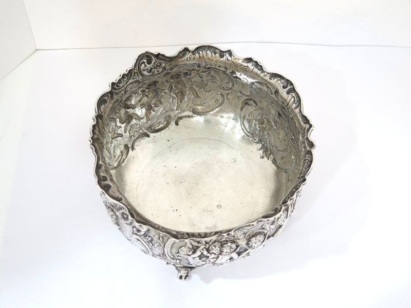 8 7/8 in - European Silver Antique German Celebrating Cupids Footed Serving Bowl
