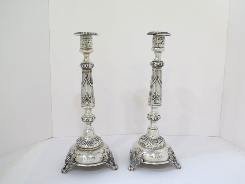 Pair of 13.5 in - 84 Silver Isaac Ehrlich Antique Russian Floral Candlesticks