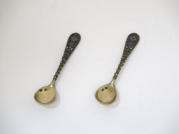 Pair of 4 in - 88 Silver Gilt Enamel Antique Russian Ornate Condiment Spoons