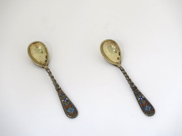 Pair of 4 in - 88 Silver Gilt Enamel Antique Russian Ornate Condiment Spoons