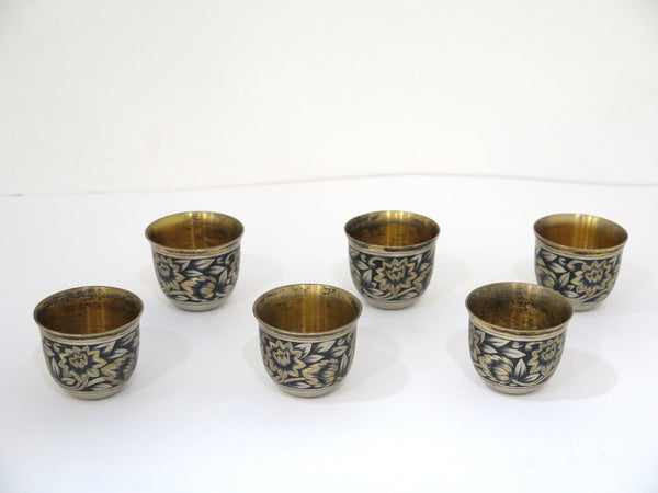 Set of Six 1.75 in 875 Silver Gilt Niello Vintage Russian Floral Vodka Shot Cups