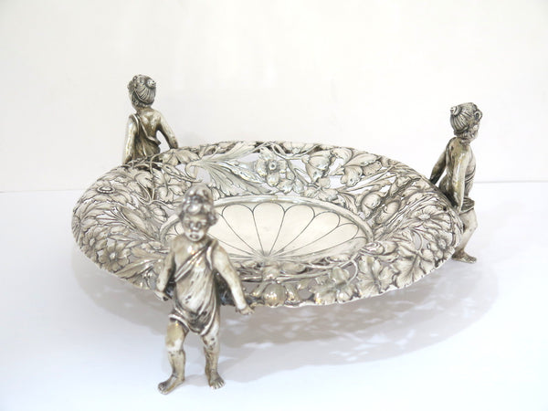 10 5/8" European Silver Antique Continental Cherub Figurines Floral Serving Bowl
