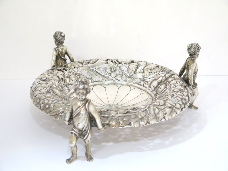 10 5/8" European Silver Antique Continental Cherub Figurines Floral Serving Bowl
