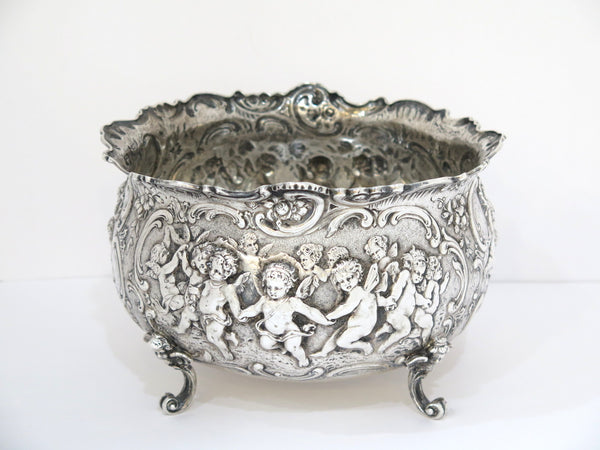 8 7/8 in - European Silver Antique German Celebrating Cupids Footed Serving Bowl