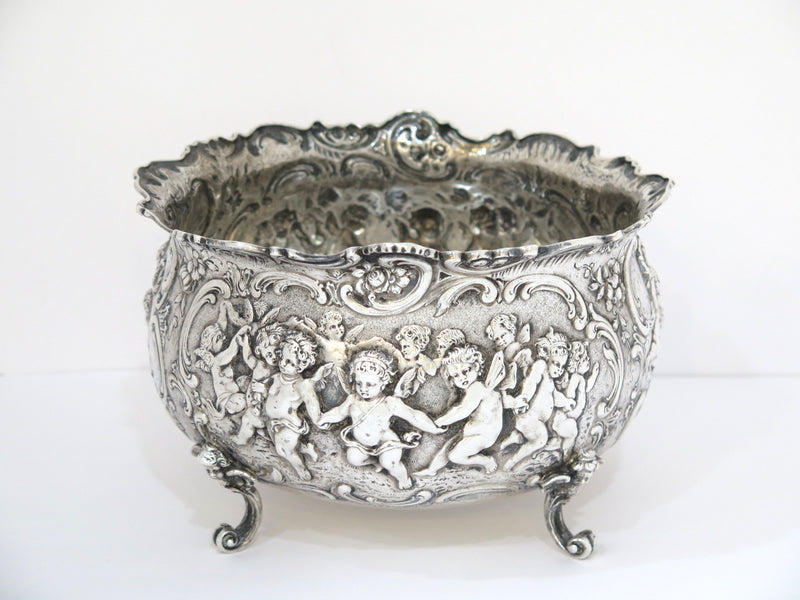 8 7/8 in - European Silver Antique German Celebrating Cupids Footed Serving Bowl