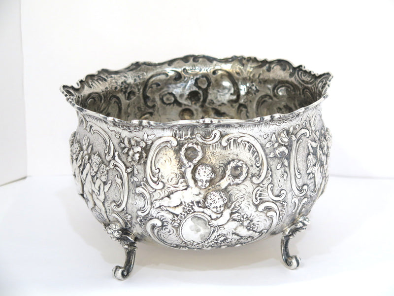 8 7/8 in - European Silver Antique German Celebrating Cupids Footed Serving Bowl