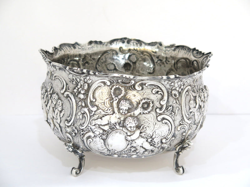8 7/8 in - European Silver Antique German Celebrating Cupids Footed Serving Bowl