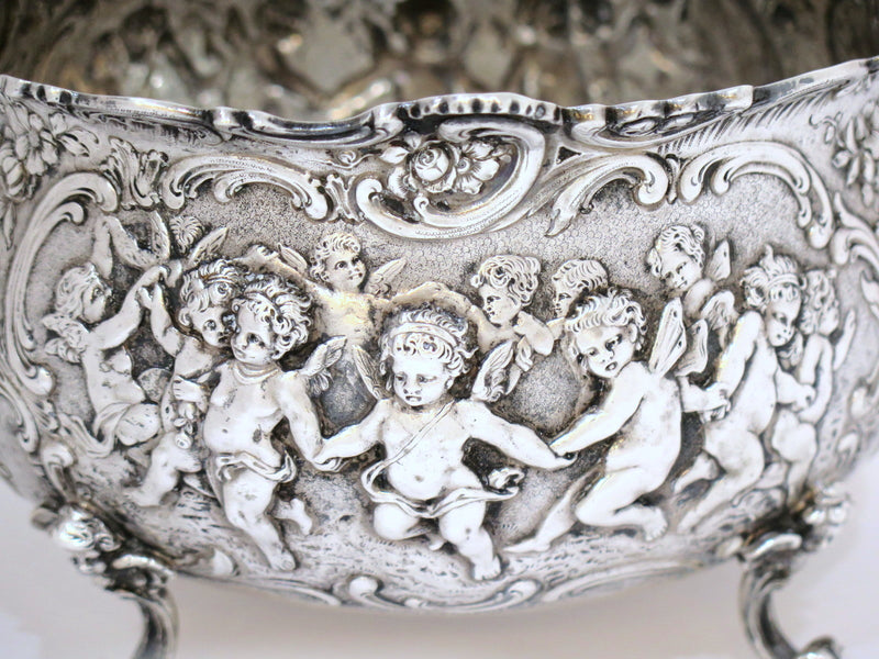 8 7/8 in - European Silver Antique German Celebrating Cupids Footed Serving Bowl
