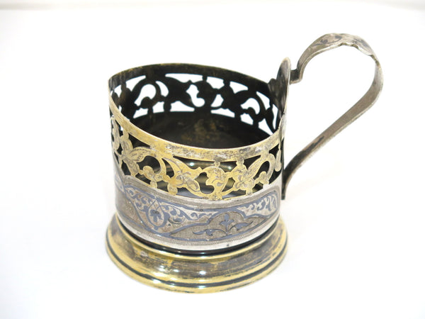Pair of 3 3/8 in - 875 Silver Gilt Niello Vintage Russian Ornate Glass Holders