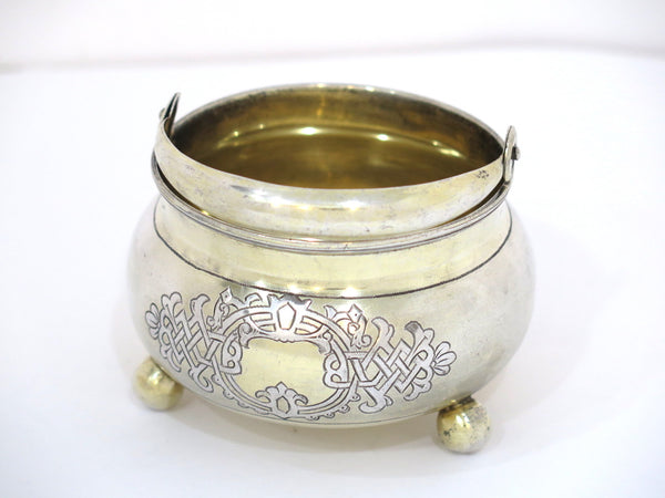 3 5/8" 84 Silver Gilt Antique Russian Folk Ornament Footed Round Candy Nut Dish