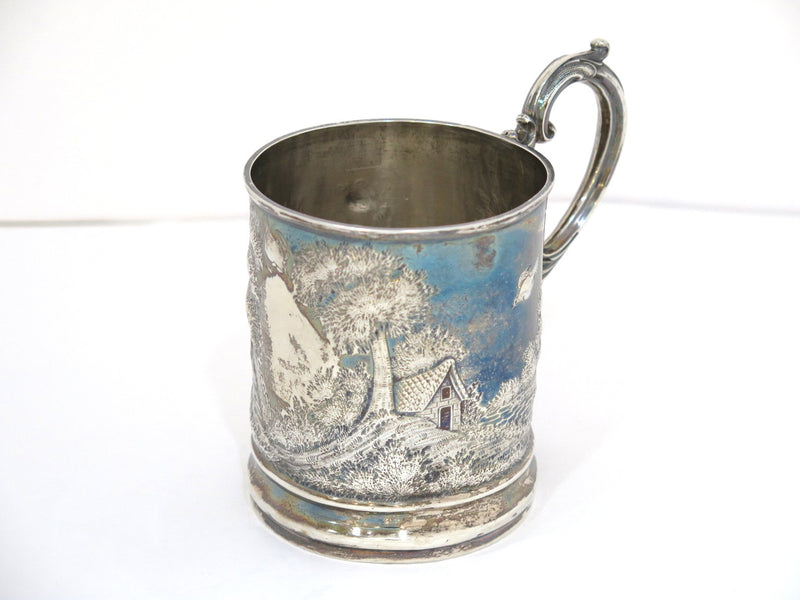 4.5 in - 84 Silver Antique Russian 1882 Village Scene Cup