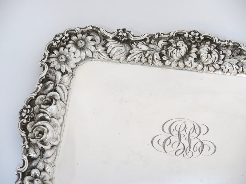 12 in - Sterling Silver Stieff Antique 1927 Floral Repousse Small Tray