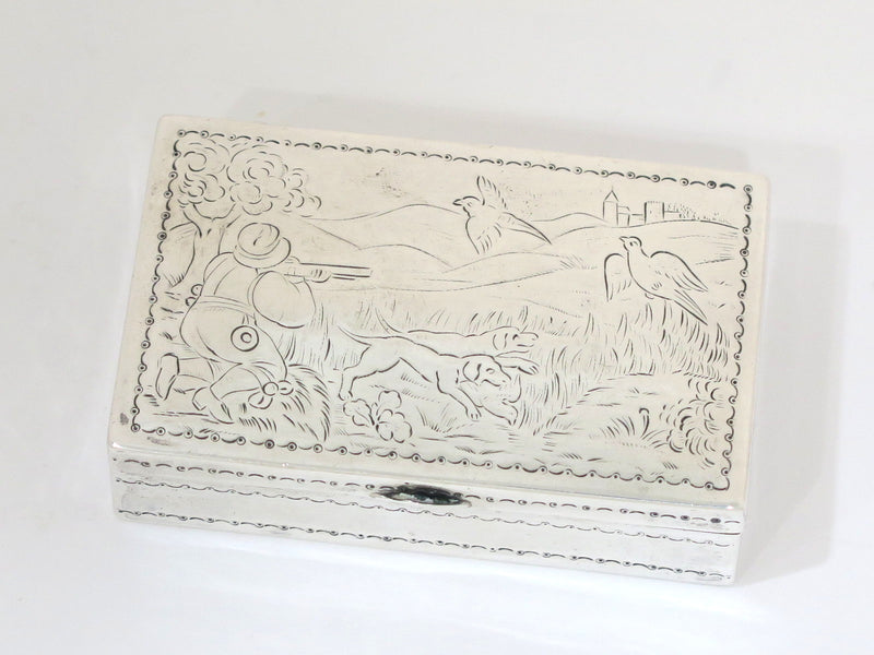 3 3/8 in - Sterling Silver Antique London Import Mark Hunting Scene Snuff Box