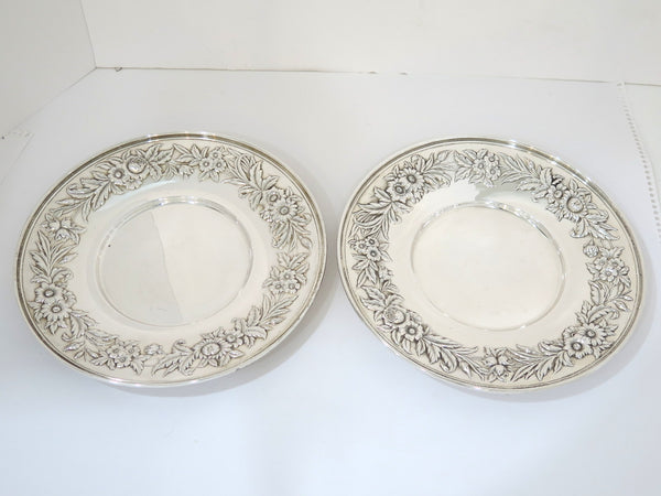 Pair of 10" Sterling Silver S. Kirk & Son Vintage Floral Repousse Serving Plates