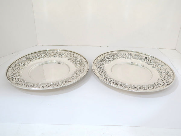Pair of 10" Sterling Silver S. Kirk & Son Vintage Floral Repousse Serving Plates