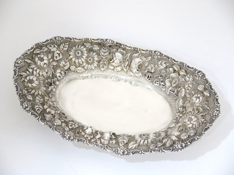 10 in - Sterling Silver Stieff Antique Floral Repousse Oval Serving Dish