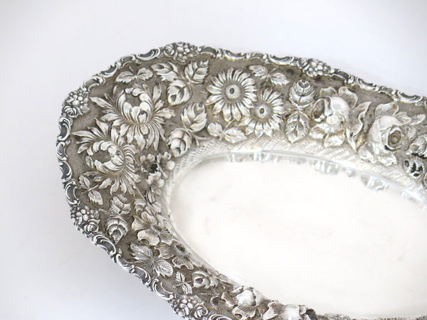 10 in - Sterling Silver Stieff Antique Floral Repousse Oval Serving Dish