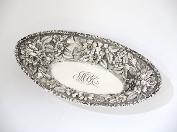 7.75 in Sterling Silver Stieff Antique 1925 Floral Repousse Oval Candy Nut Dish