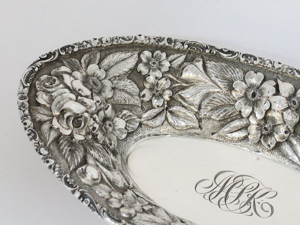 7.75 in Sterling Silver Stieff Antique 1925 Floral Repousse Oval Candy Nut Dish