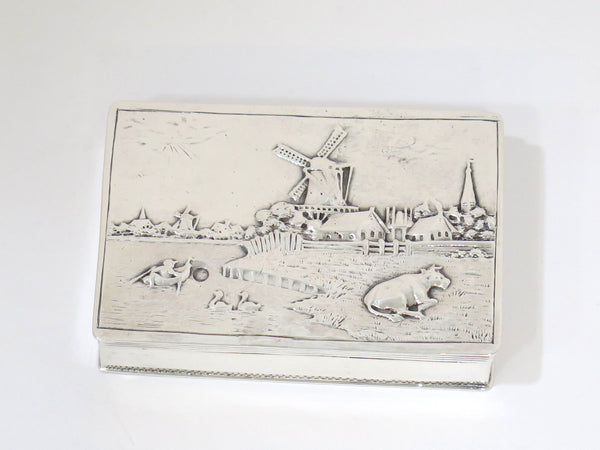 3 in - European Silver Antique Dutch River Windmills Scene Snuff Box