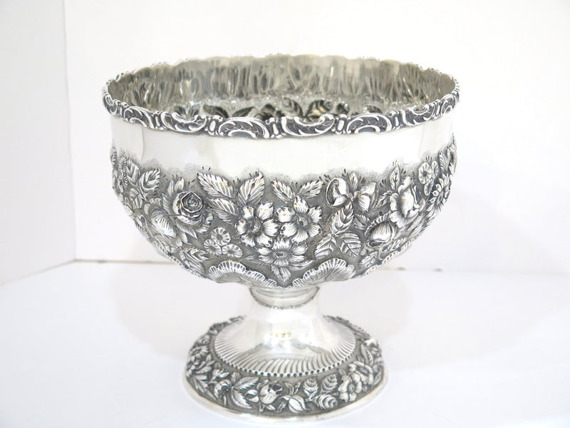 8.25 in - Sterling Silver Hennegen-Bates Co. Antique Floral Repousse Footed Bowl