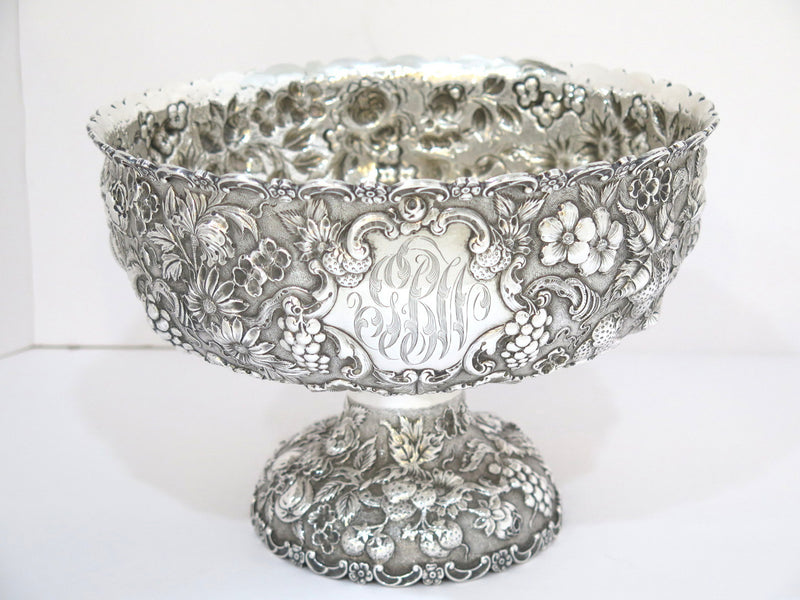 9.5 in Sterling Silver A. G. Schultz Antique Flowers Fruits Repousse Footed Bowl