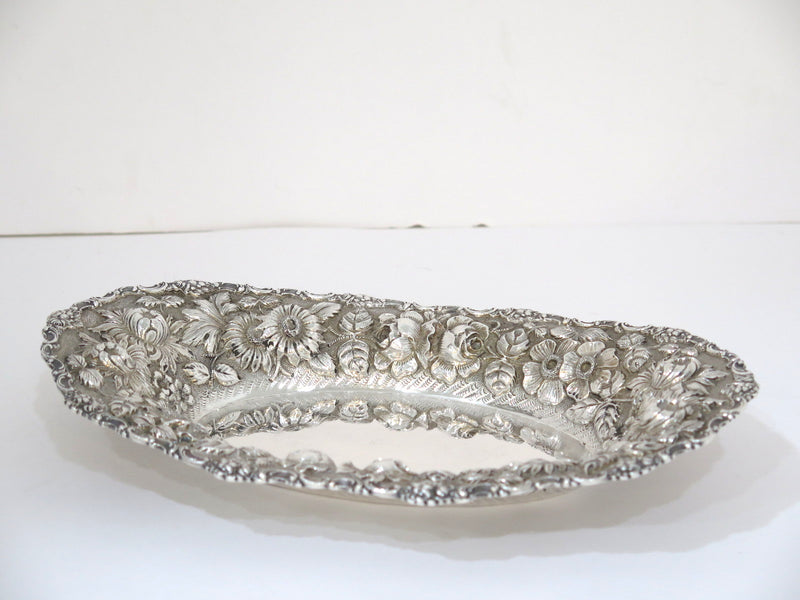 10 in - Sterling Silver Stieff Antique Floral Repousse Oval Serving Dish
