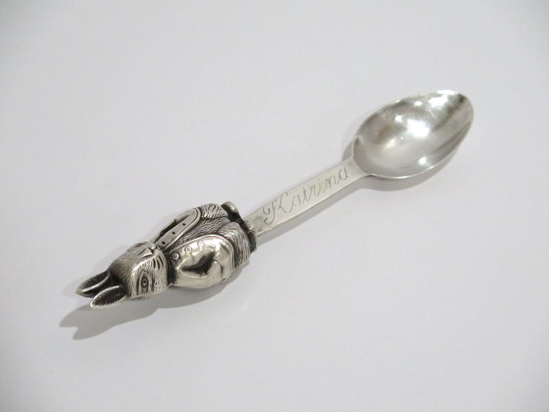 6 1/8 in - European Silver Antique Continental Rabbit Rattle Baby Spoon