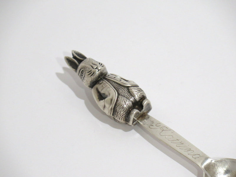 6 1/8 in - European Silver Antique Continental Rabbit Rattle Baby Spoon