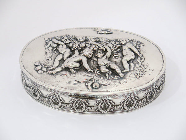 6 7/8 in - European Silver Antique German Cupids Picking Fruits Large Oval Box