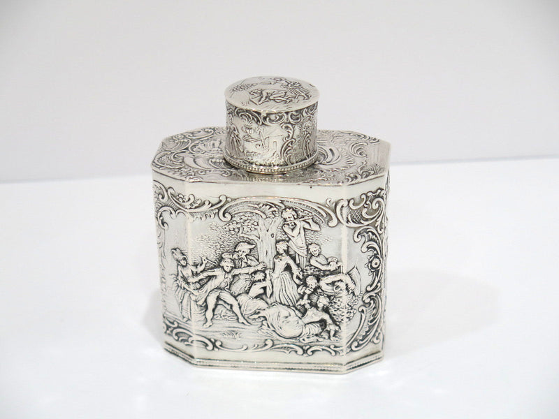 4 1/8 in - European Silver Antique German Hanau Garden Outing Scene Tea Caddy