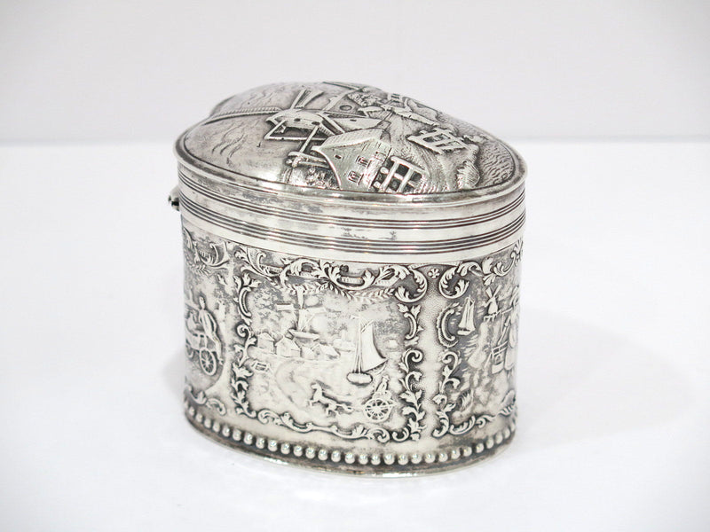 3.5 in - 835 Silver Antique Dutch Windmill Heart-Shaped Tea Caddy