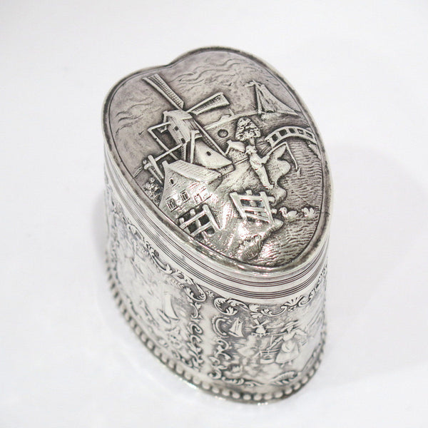 3.5 in - 835 Silver Antique Dutch Windmill Heart-Shaped Tea Caddy