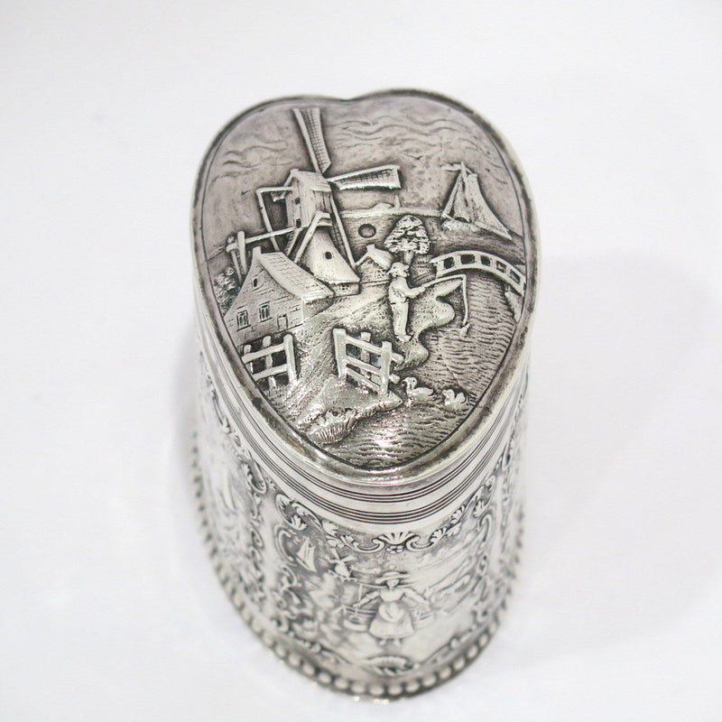 3.5 in - 835 Silver Antique Dutch Windmill Heart-Shaped Tea Caddy