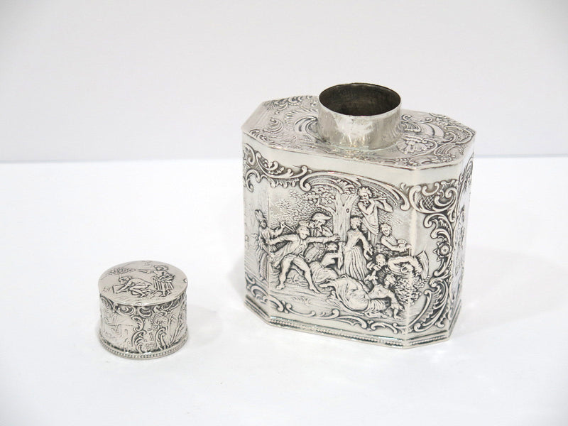 4 1/8 in - European Silver Antique German Hanau Garden Outing Scene Tea Caddy