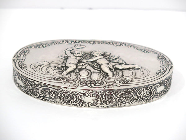 5 7/8 in - European Silver Antique German Two Cherubs Oval Box