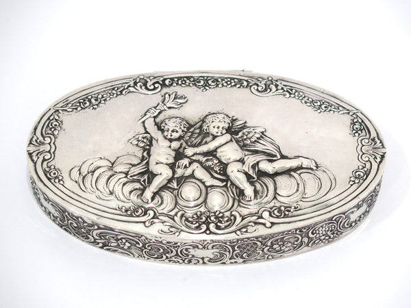 5 7/8 in - European Silver Antique German Two Cherubs Oval Box