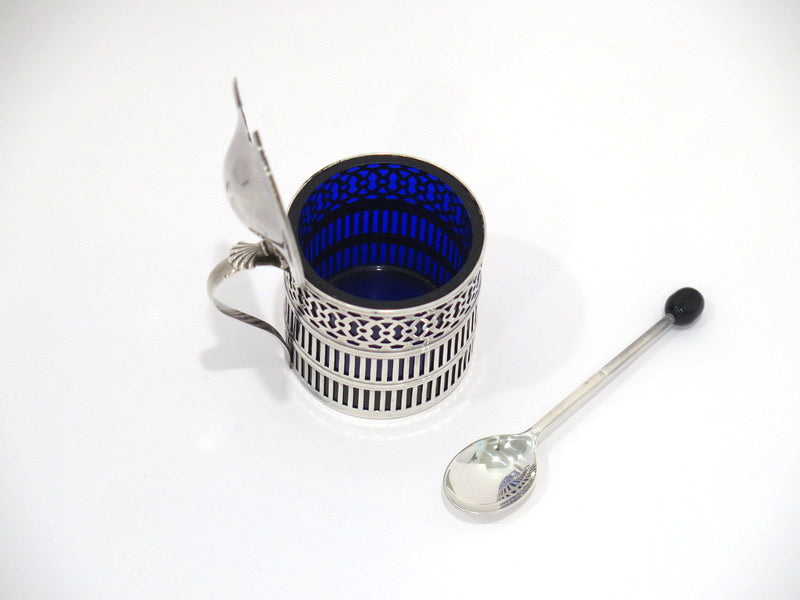 2 3/8" Sterling Silver Blue Glass Webster Antique Openwork Salt Cellar w/ Spoon