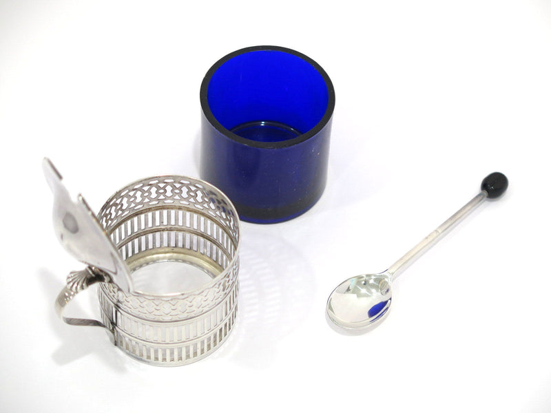 2 3/8" Sterling Silver Blue Glass Webster Antique Openwork Salt Cellar w/ Spoon