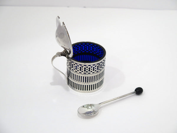 2 3/8" Sterling Silver Blue Glass Webster Antique Openwork Salt Cellar w/ Spoon