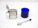 2 3/8" Sterling Silver Blue Glass Webster Antique Openwork Salt Cellar w/ Spoon