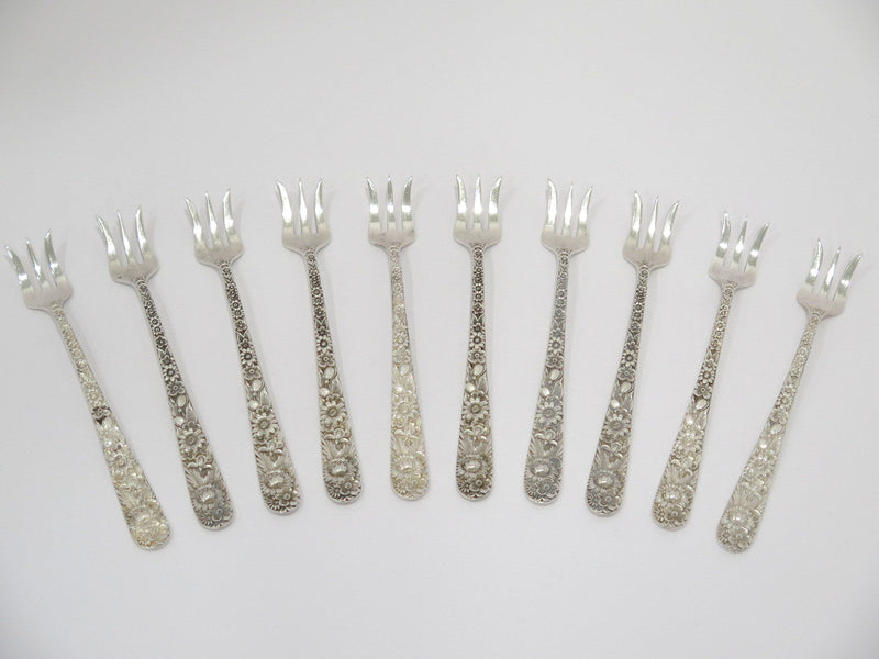 10 pc 5.25" Sterling Silver S Kirk & Son Antique Floral Repousse Oyster Fork Set