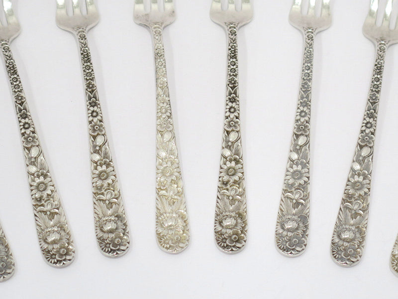 10 pc 5.25" Sterling Silver S Kirk & Son Antique Floral Repousse Oyster Fork Set