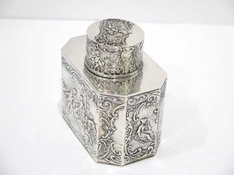 4 in - European Silver Antique German Hanau Socializing Scene Tea Caddy