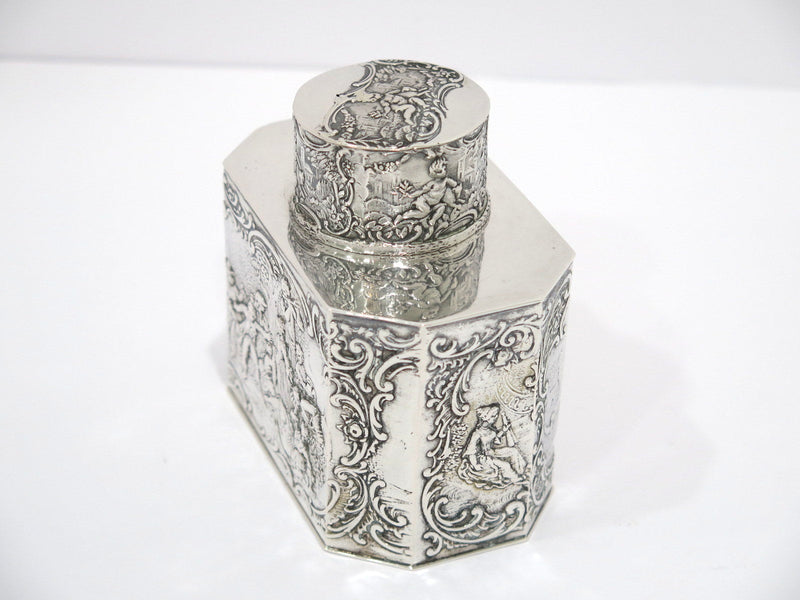 4 in - European Silver Antique German Hanau Socializing Scene Tea Caddy