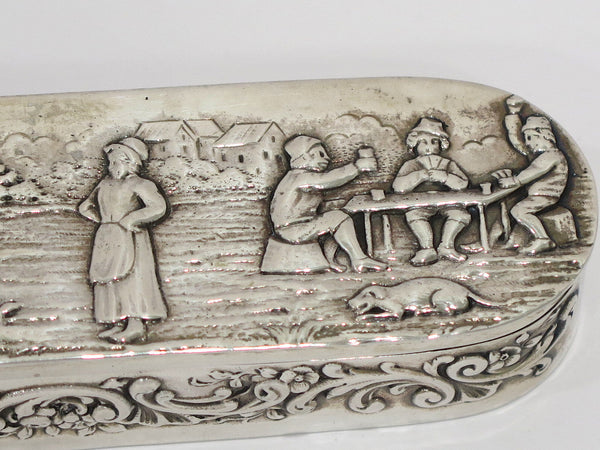 5.5 in - European Silver Antique German Hanau Dancing Playing Cards Scene Box